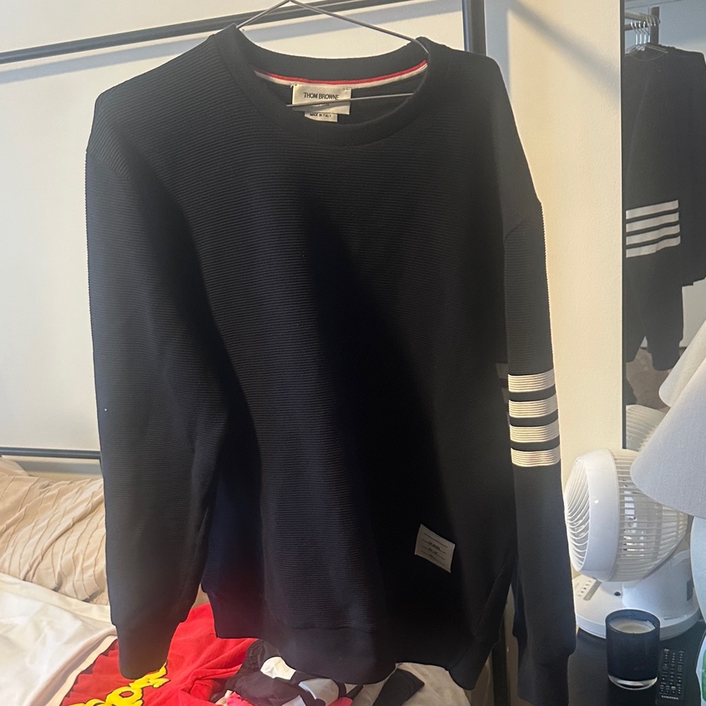 Thom Browne Navy Sweater with Signature White Stripes